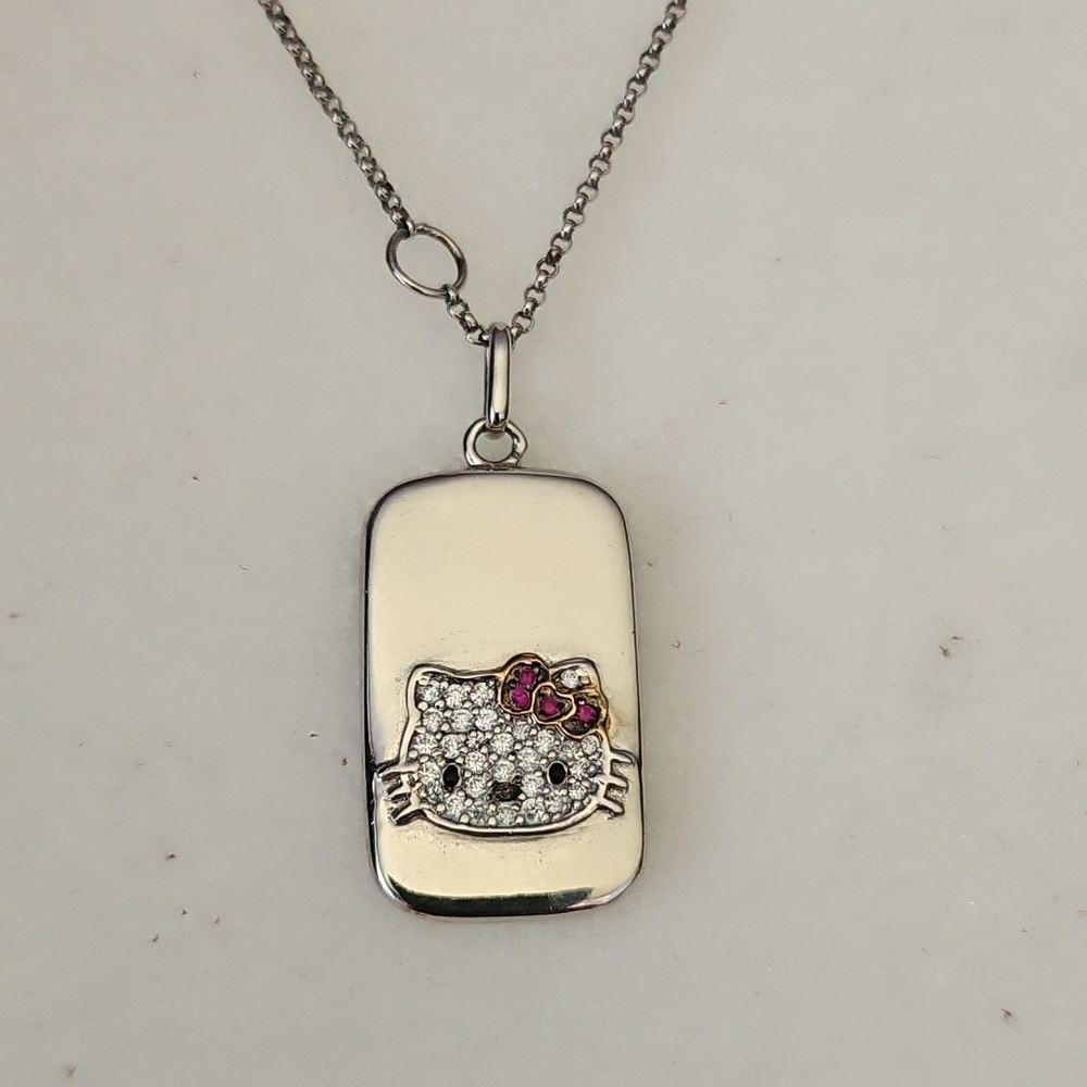 Hello Kitty Sanrio Vintage Diamonique Sterling Silver 925 Tag Pendant Necklace